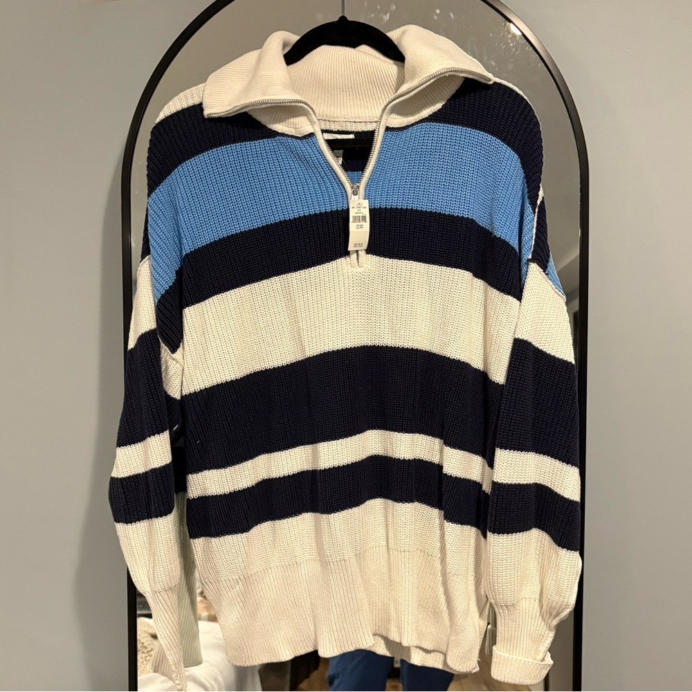 NWT Women’s Aerie Stripe Quarter Zip XXS Oversized Blue and White Sweater